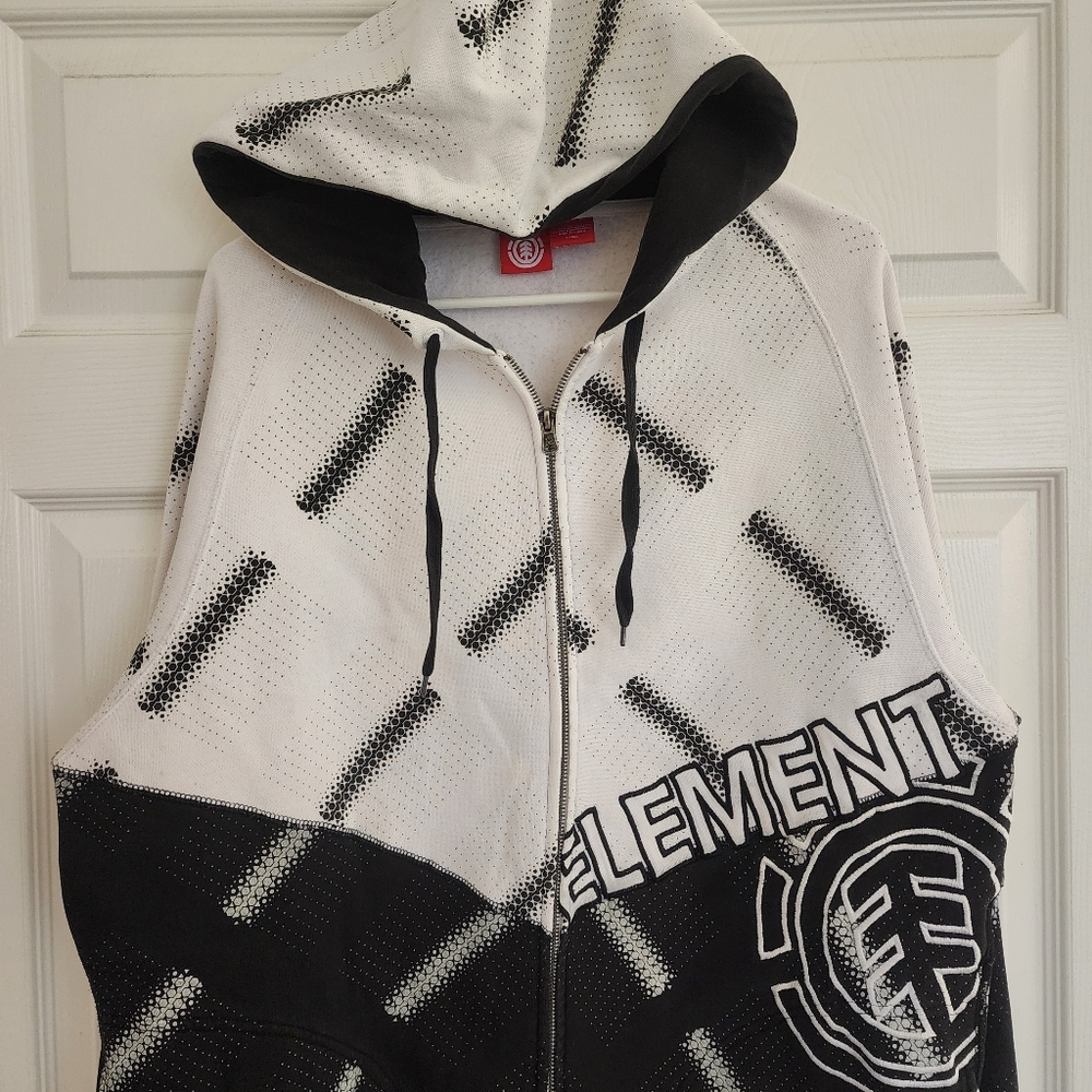 Vintage Y2K Element Skater Men's Black White AllOver Print Zip Up Hoodie, Sz L